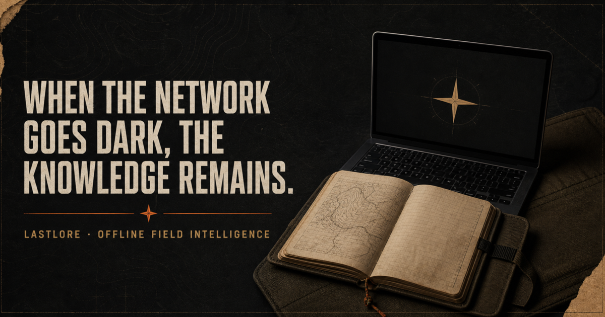Lastlore offline field intelligence beside a field notebook and laptop.